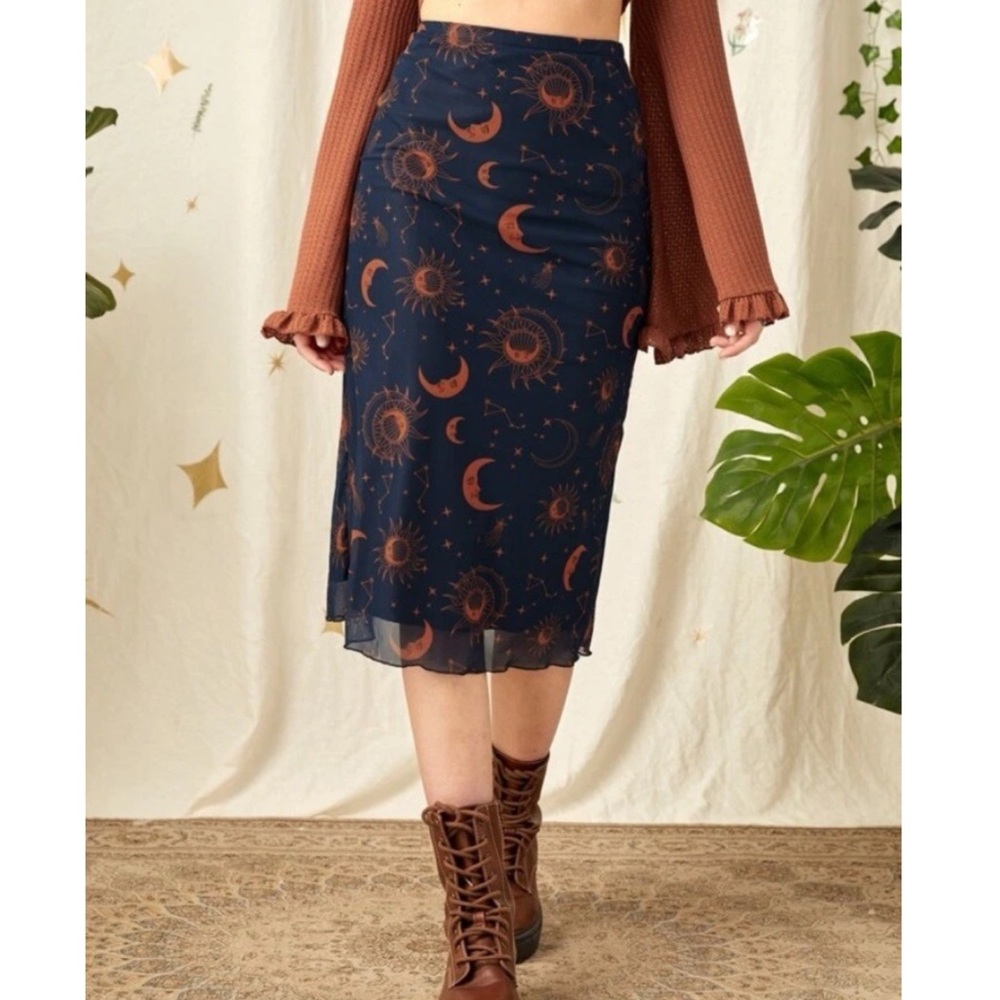 Romwe Midi Celestial Overlay Skirt Navy Orange Moon Sun Star Print Goth size S